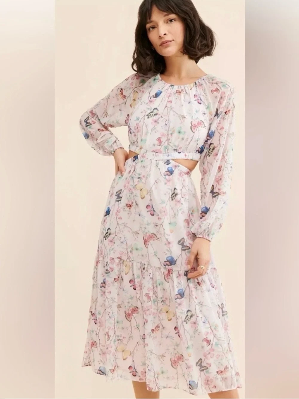 Steve Madden Cadi Floral Cutout Long-Sleeve Midi Dress in Light Pink Size Small